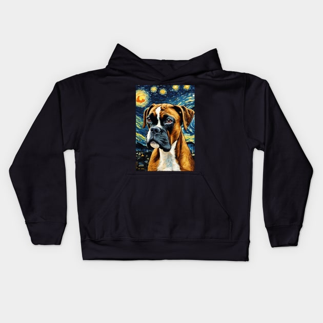 Boxer Dog Breed Painting in a Van Gogh Starry Night Art Style Kids Hoodie by Art-Jiyuu